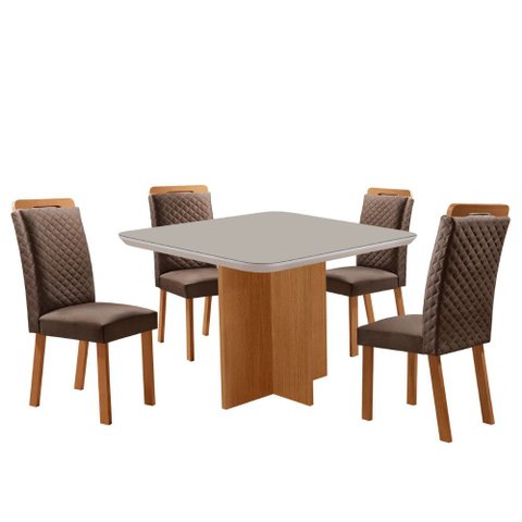 Mesa de Jantar Olimpia 90cm Tampo MDF Vidro Canto Copo com 4 Cadeiras Lorena