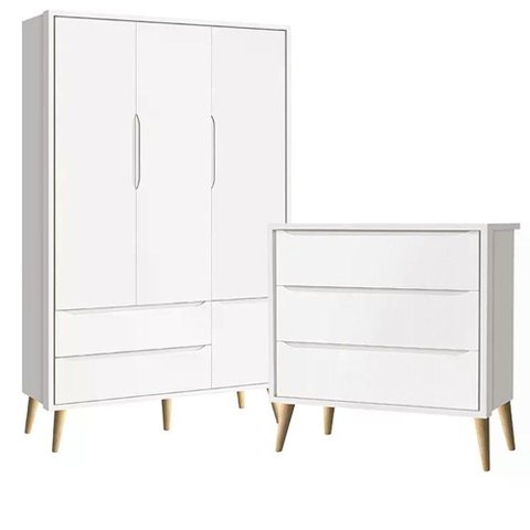 Guarda Roupa 3 Portas e Cômoda 3 Gav Theo Branco Fosco Pés Madeira Natural - Reller Móveis Branco