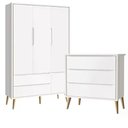 Ver imagem 1 de Guarda Roupa 3 Portas e Cômoda 3 Gav Theo Branco Fosco Pés Madeira Natural - Reller Móveis Branco