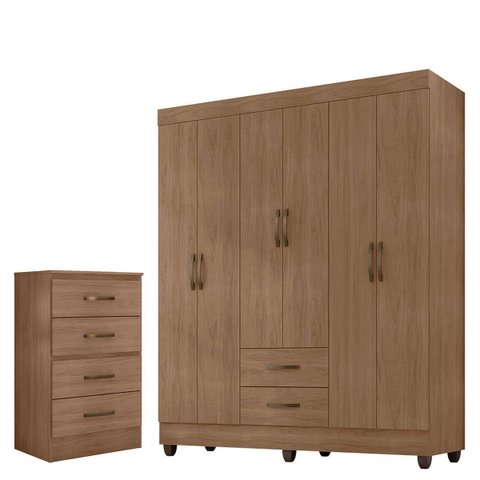 Kit Guarda-roupa Casal 6 Portas com Cômoda 4 Gavetas Lisa Carvalho Oak