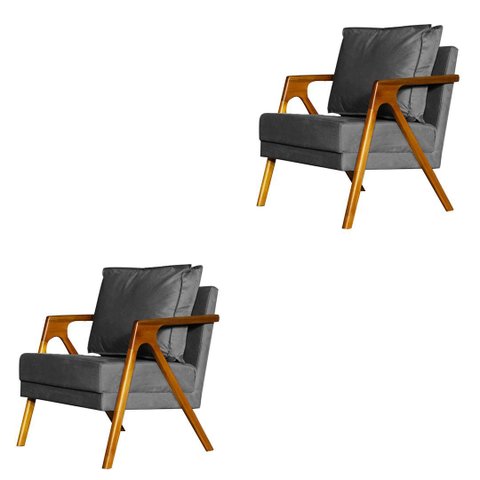 Kit 2 Poltronas Decorativa Mona Madeira Maciça Suede Cinza