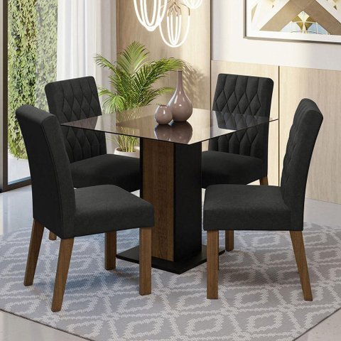 Conjunto Sala de Jantar Mesa Tampo de Vidro 4 Cadeiras Rustic/preto/oxford Noemi Madesa