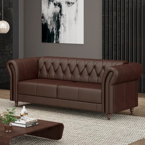 Sofá Living Sala de Estar Stanford Chesterfield 2 Lugares 200cm Pés de Madeira Couro Marrom Brilho G