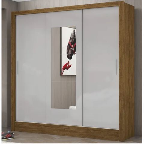 Guarda Roupa Solteiro com Espelho 3 Portas de Correr 3 Gavetas 179cm Dubai Cinamomo/Off White - Carioca Móveis