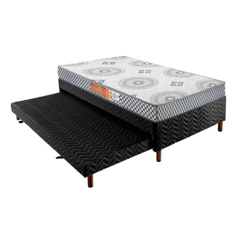 Cama Box c/Auxiliar Solteiro: Colchão Espuma Polar D28 Pérola Gray + Base CRC Rústico Black(