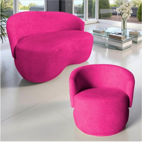 Kit Namoradeira + Poltrona Decorativa Beatriz Orgânica Veludo Rosa Pink