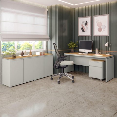 Conjunto de Escritório Office 3 Peças Mesa Gaveteiro Balcão Oslo Cor: Fendi e Freijó