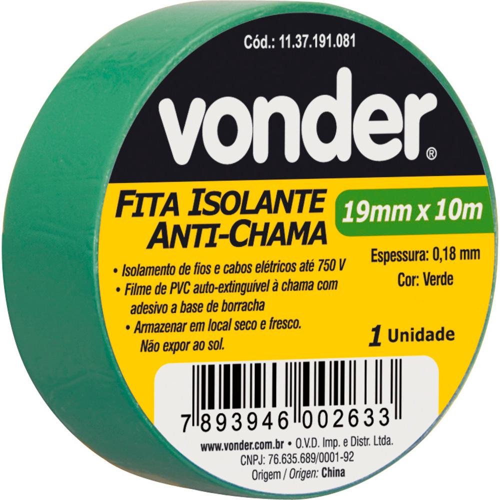 Fita isolante pvc 19mmx10m verde anti chama peça Vonder - 1