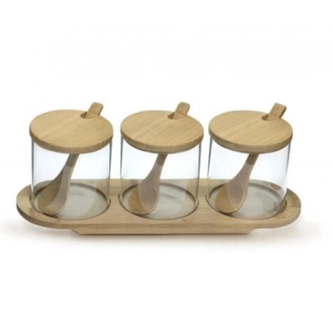 Porta Temperos 3 Potes com Tampa e Suporte em Bambu Mimo
