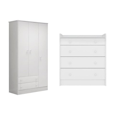 Conjunto Guarda Roupa e Cômoda Trocador Branco