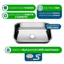 Cuba Pia Inox 304 Cozinha Nº1 47x30x14 As Funda - 2