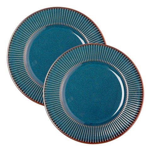 Jogo 2 Prato de Sobremesa Ceramica Azul Linear Rústico 20cm Lyor