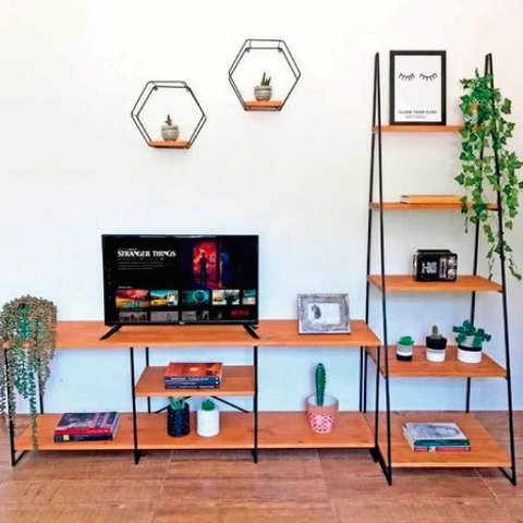 Kit Rack de TV Industrial 1,20m e Estante Escada Slim 5 Prateleiras Ferro e Madeira Carvalho e Preto