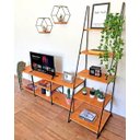 Ver imagem 2 de Kit Rack de TV Industrial 1,20m e Estante Escada Slim 5 Prateleiras Ferro e Madeira Carvalho e Preto