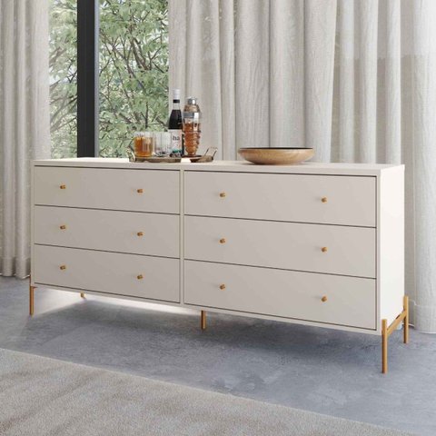 Cômoda com 6 Gavetas Jasper 180 cm Off White Fosco com Dourado