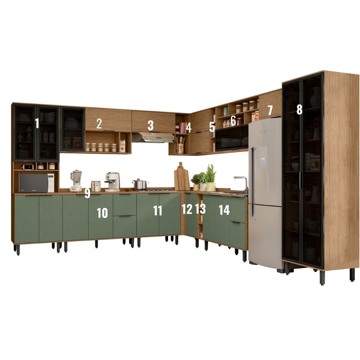 Cozinha Modulada Completa de Canto em MDF Lombardia com Portas de Vidro - cor Freijó/Jade - 2