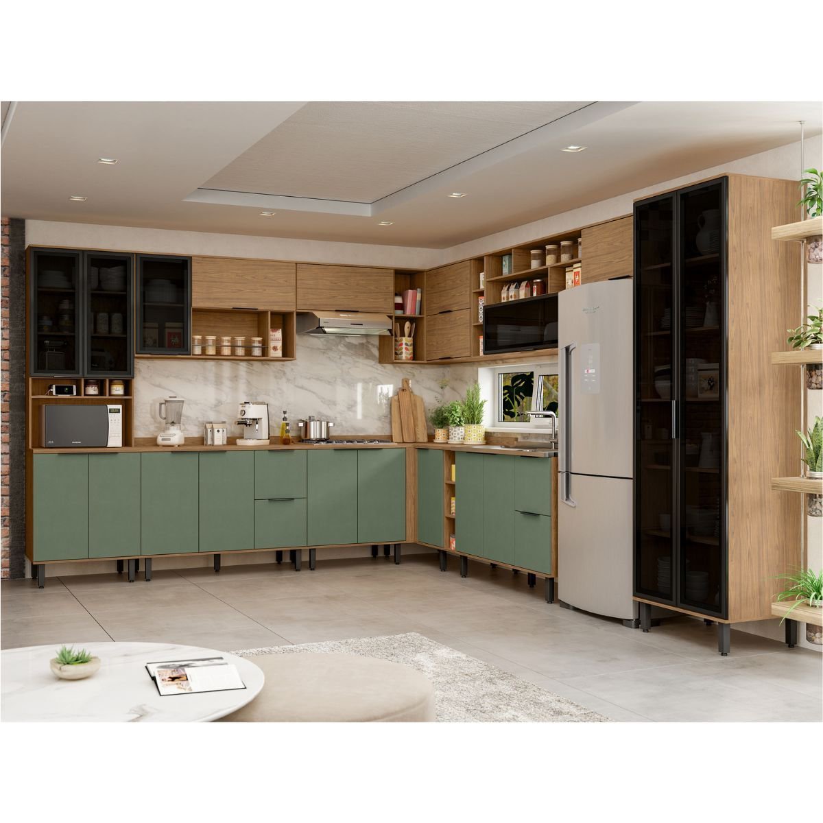 Cozinha Modulada Completa de Canto em MDF Lombardia com Portas de Vidro - cor Freijó/Jade