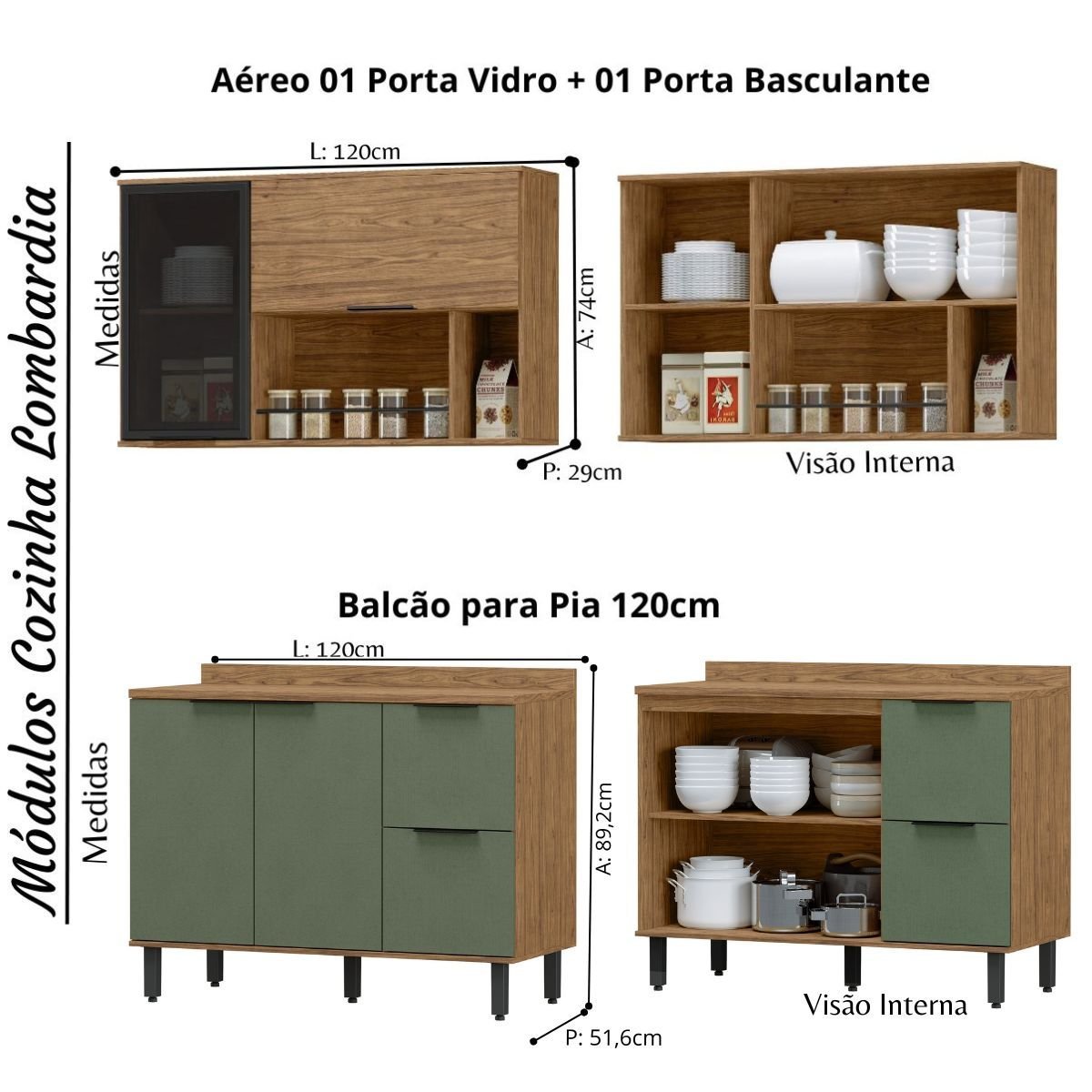 Cozinha Modulada Completa de Canto em MDF Lombardia com Portas de Vidro - cor Freijó/Jade - 4