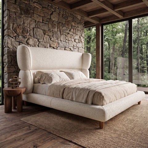 Cama Box Base King com Cabeceira Mochi 193x203 Estofada Orgânica Japonesa Bouclê Creme - Desk Design