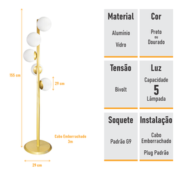 Abajur Coluna Piso Figo Ouro com Globo de Vidro Branco - 8