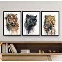 Ver imagem 1 de Kit 3 Quadros Felinos Aquarela Tigre Onça pantera 33x24cm:madeira Branca