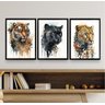 Kit 3 Quadros Felinos Aquarela Tigre Onça pantera 33x24cm:madeira Branca - 1