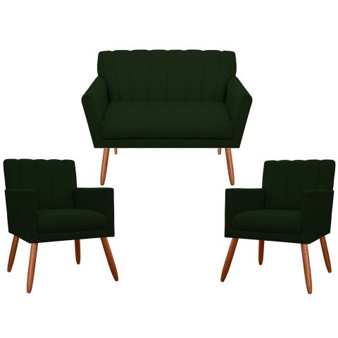 Kit Namoradeira + 2 Poltronas Decorativa Cecília Suede Verde Pés Madeira Mz Decor