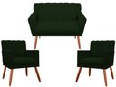 Ver imagem 1 de Kit Namoradeira + 2 Poltronas Decorativa Cecília Suede Verde Pés Madeira Mz Decor