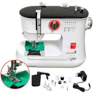 Máquina Costura Elétrica Portátil 12 Pontos Agulha Dupla Pedal Doméstica Bivolt Importway Iwmc-510 I