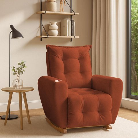 Poltrona de Amamentação Balanço com Puff Jade em Boucle Conforto Elegância e Aconchego Terracota