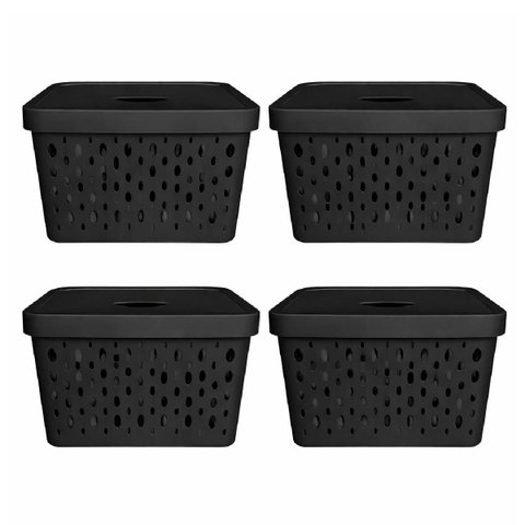 Kit 4 Cestos Organizadores Preto com Tampa 17 Litros