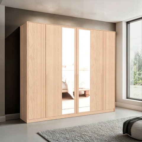 Guarda-Roupa Casal 6 Portas com Espelho Marseille Bege/Carvalho Nature