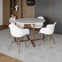 Ver imagem 1 de Mesa Jantar Industrial Branca 110Cm Redonda Base V Cobre C/4 Poltronas Brancas Madeira Cor: Branco
