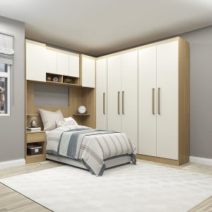Guarda Roupa de Solteiro Modulado com Painel Cabeceira Selene 7 Peças Carvalho