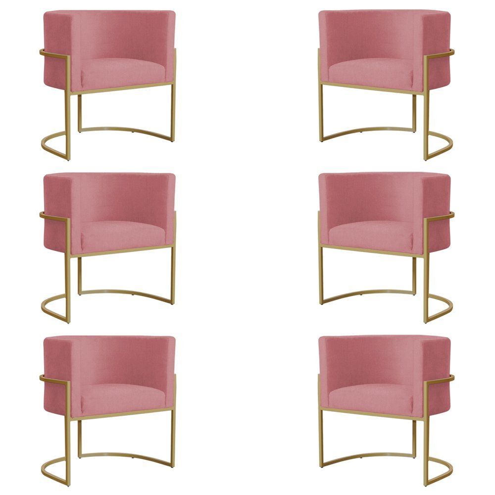 Kit 6 Poltronas Decorativa Sala de Estar Luana Base Gold Suede Rosa - Montanaris Decor Md Montanaris - 1