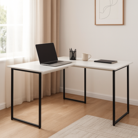 Mesa em L Industrial Pés de Ferro para Escritório 120x90cm Estudos Trabalho - Branco