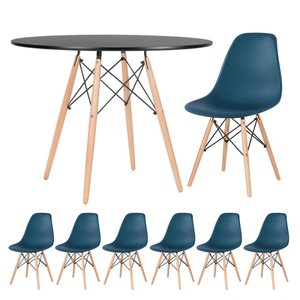 KIT - Mesa redonda Eames 100 cm preto + 6 cadeiras Eiffel DSW Azul petróleo
