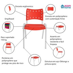 Kit com 4 Cadeiras Iso para Escola Escritório Comércio Vermelha Base Branca Ecomhome - 9
