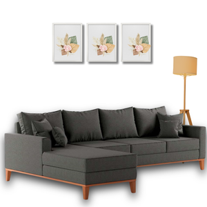 Sofá Beny com Chaise Esquerda, 1,40x2,60m, 4 Lugares, Linho, Base em Madeira. (grafite)