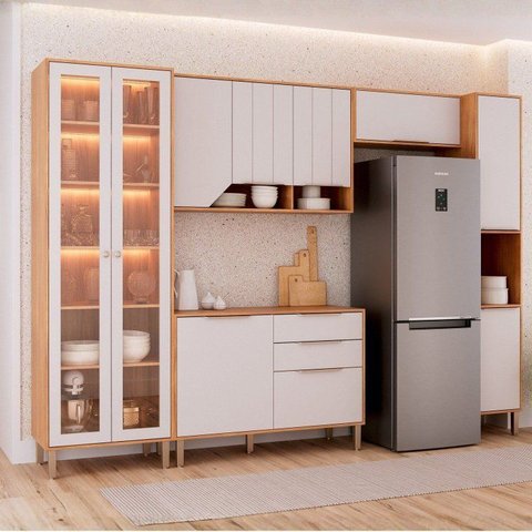 Cozinha Modulada 5 Peças 1 Cristaleira 1 Balcão 2 Armários Aéreo e 1 Torre Celeste Cinamomo/Offwhite