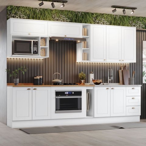 Cozinha Modulada 300cm com Espaço para Cooktop Forno de Embutir e Nicho de Micro-ondas Americana Hen
