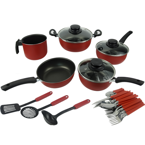 Conjunto de Panelas Elegan com Antiaderente Tampa de Vidro e 24 Talheres Vermelho / Preto Cor: Verme
