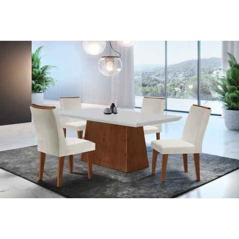 Conjunto Sala de Jantar Mesa Tampo em MDF 4 Cadeiras Marrom/Off White/Imbuia
