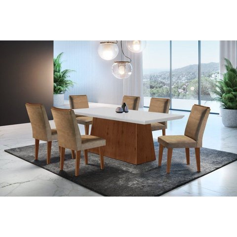 Conjunto Sala de Jantar Mesa Tampo em MDF 6 Cadeiras Marrom/Off White/Imbuia