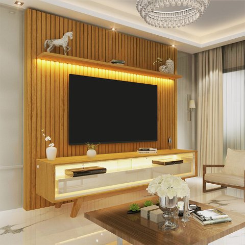 Painel e Rack Ripado com LED Nobre 185 Naturale Off White - Gelius