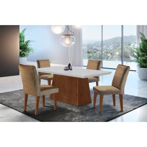 Conjunto Sala de Jantar Mesa Tampo em MDF 4 Cadeiras Marrom/Off White/Imbuia