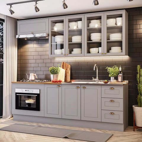 Cozinha Modulada 240cm para Forno de Embutir 6 Peças 8 Portas 3 Gavetas Americana Henn - Cinza/natur