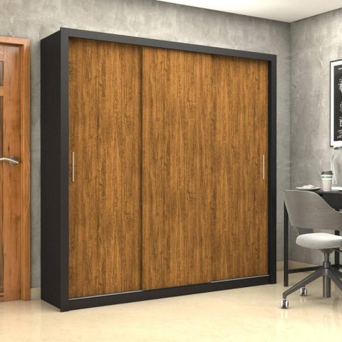 Guarda-Roupa Casal com 3 Portas de Correr e 4 Gavetas 186cm Multimóveis CR35573 Preto/Madeirado
