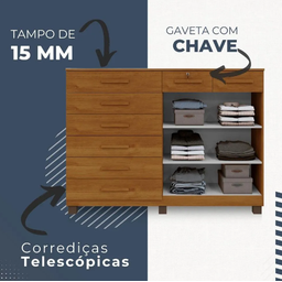 Cômoda 8 Gavetas 2 Portas New Triunfo Benetil Móveis - Cinamomo - 5