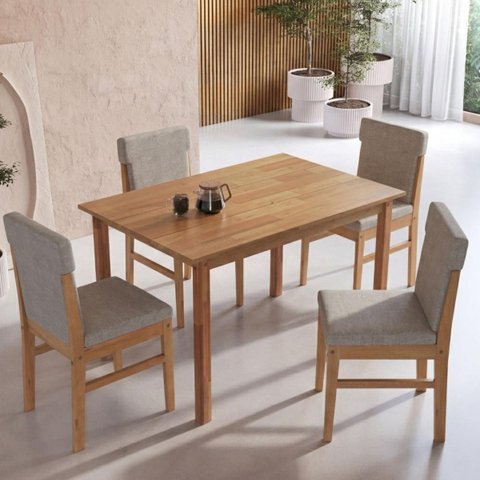 Conjunto Mesa de Jantar Retangular 120cm 4 Cadeiras Madeira Estofadas Arezzo Amêndoa Cbmj4a120